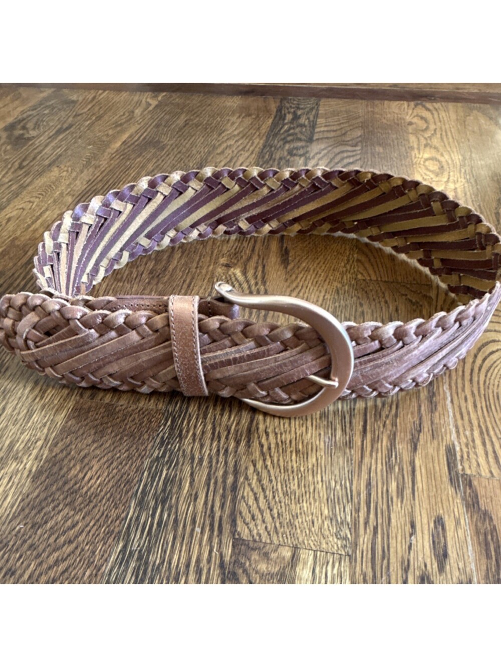 Vintage! Linea Pelle Brown Braided Handmade Belt Solid Brass Buckle 38 inches